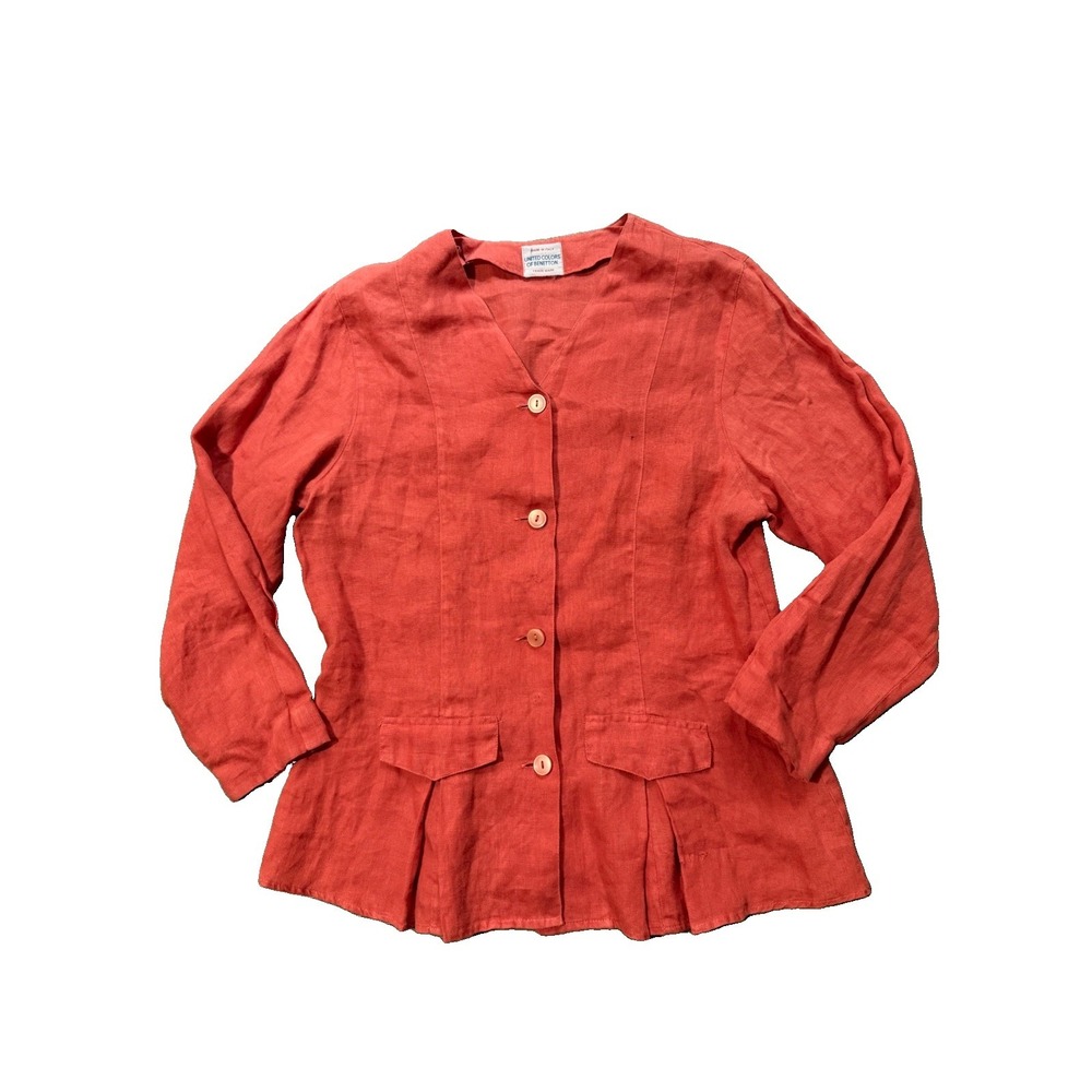 United Colors Of Benetton 100% Linen Coral Blouse 44 XL Long Sleeve Made Italy